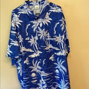 Blue and White Casual Button Down Shirt with Tropical Print